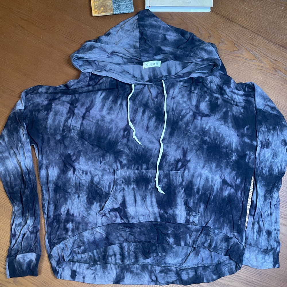 Black and grey tie-dye hoodie.